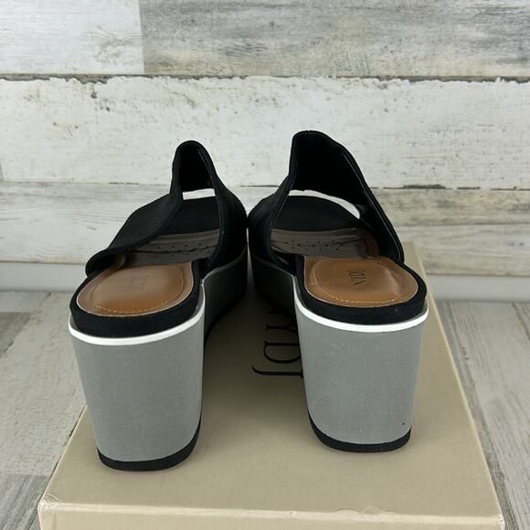 NYDJ Womens 8.5 Rysa Black Canvas Gray Fabric Platform Wedge Sandals Slip-On new - Picture 5 of 10